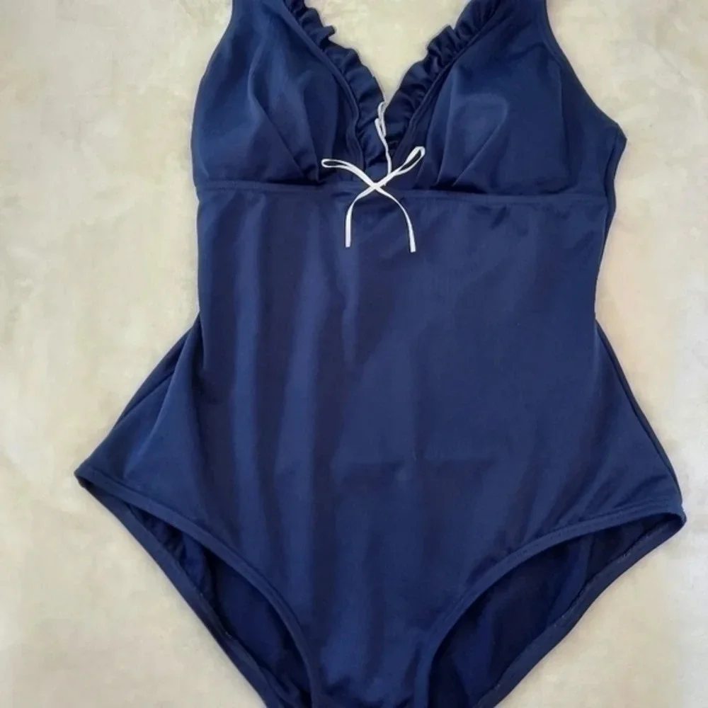Vintage Gabar Navy Blue White Ruffled V Neck Swimsuit‎ with Adjustable St…